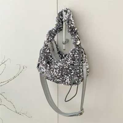 Spring Summer New Sequin Zipper Handbag Pleated Trendy Hand-carrying Single-shoulder Korean Style Niche High-end Crossbody Bag