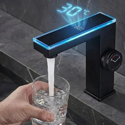 Smart Digital Display Hot and Cold Water Faucet with Ambient Lighting Space Aluminum Bathroom Sink/washbasin/household Basin