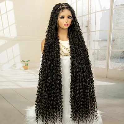 40 Inches Afro Bohemian Synthetic Box Braided Wig with Full Lace for Women Black Boho Braids Hair Styling