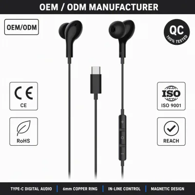Wired Earphones Type-C Plug In-Ear Headset Ergonomic Fit 6mm Copper Ring Driver Mic -42dB Sensitivity for Video Calls