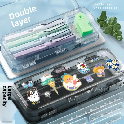 Custom Logo Transparent Double Layer Acrylic Pencil Case Waterproof School Stationery with Plastic Material New & Practical