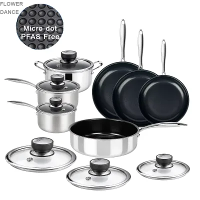 13 Pcs Hybrid Non Stick Cookware Set W/ Lids Stainless Steel Wok Kitchenware 3-ply Stainless Steel PFAS Free Ceramic Pans