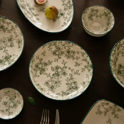 Hot Sale New Dinner Set Fresh and Light Green Branch Plant Pattern Premium Dinnerware Sets
