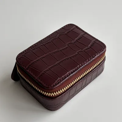 Fashion PU Croc Embossed Leather Mini Square Gold Zip Mirror Box Travel Organizer Jewelry Case