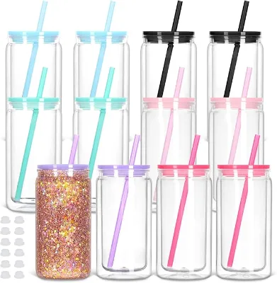 PS Plastic Double Wall Clear Glitter Snowglobe Tumblers 12oz/16oz/20oz Reusable Camping Cups with Juice Lid