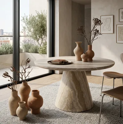 Wabi-sabi Style Light Luxury Travertine Pattern Modern Minimalist Model Home Small Apartment Dining Table for Restaurant