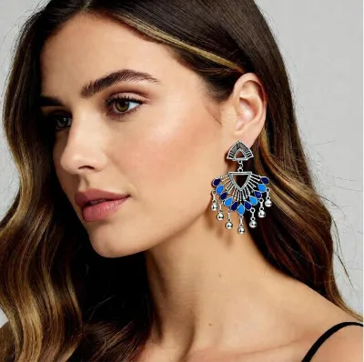 Ethnic Silver Plated Ball Dangle Earrings Bohemian Handmade Blue Black Pendant Earring for Women Jewelry