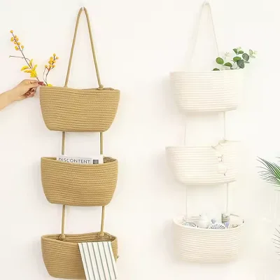 Foldable Three-Layer Hand Woven Cotton Fruit Basket Hanging Wall Decorative Storage Kitchen Living Room Food Tool Organization