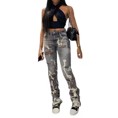 Custom Ripped Hole Mid Waist Harem Jeans Women Trend Girls Denim Fabric Casual Trousers Stonewashed