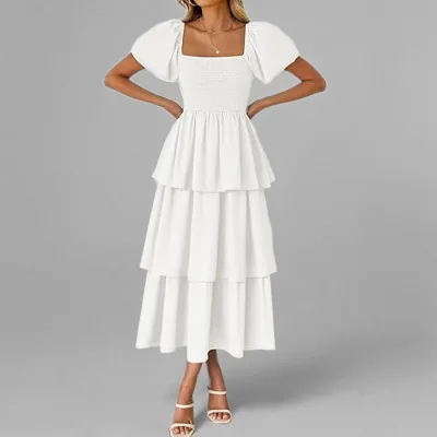 Custom Puff Sleeve Square Collar Summer Dress Women's Temperament Dress Elegant Sheath Solid Color Dresses