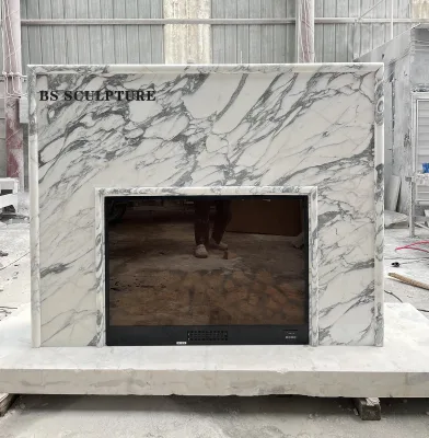 Best Hand Carved White Carrara Marble Modern Fireplace Surround with Bio Eethano Freestanding for Hotel Use