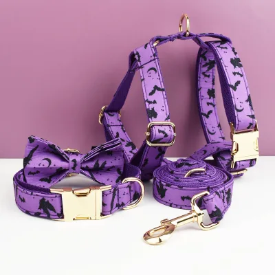 Wholesale Halloween Black Bat Wings Polyester Dog Collar Leash Set with Bow Decoration Engraving Customizable Pet Collar OEM
