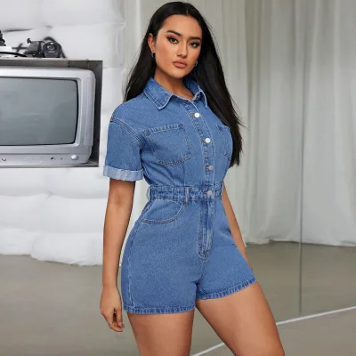European and American Women's Fashion Short Denim Jumpsuit Short Jeans Jumpsuit Causal Jeans Jumpsuit