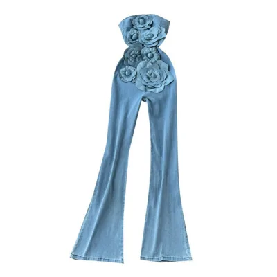 ZHEZHE Fashion Denim Long Jumpsuits Zipper 3D Floral Chic Design Rompers Korean Trend Ins Solid Streetwear Women Playsuits