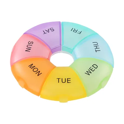 Modern Minimalist Seven-day Circular Rainbow-sealed Polypropylene (PP) Mini Portable Travel Pill Box Divided