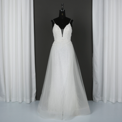 High Quality Ball Gown Spaghetti Strap Beading Embroidered Feather Bride Wedding Gown Wedding Dresses for Bride