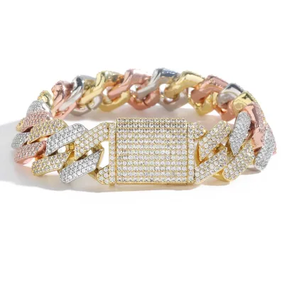 MATHALLA Platinum Plated Brass Hip Hop 20MM Tri-color Zircon Cuban Chain Unisex Bracelet Model BESSL0316