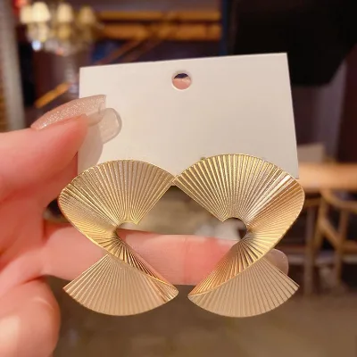 Gold Trendy Statement Hoop Earrings Geometric Twisted Fan Design Textured Alloy Women Modern Elegant Jewelry