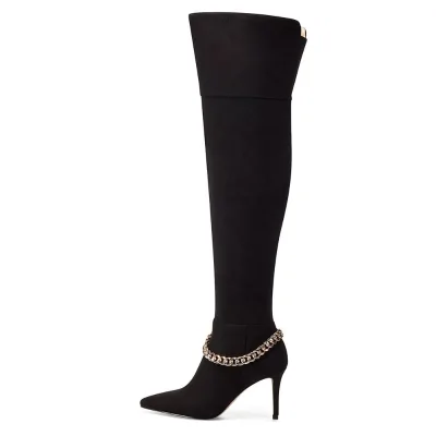 Black Suede Thigh Boots With Chain Pointed Toe High Heel Over the Knee Boots for Women Winter Shoes Ladies Long Boot Large Size