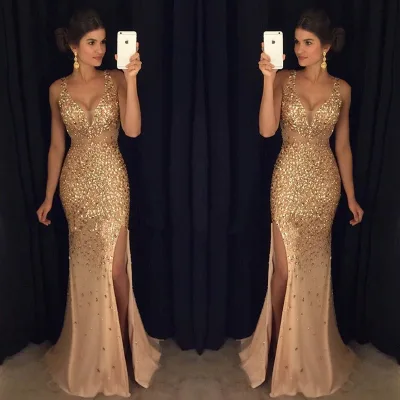 Women's European and American Foreign Trade Women's WearGold-Plated Party Evening Long Dress Evening Gown Dress