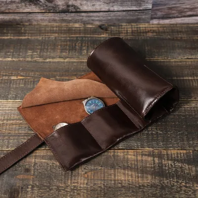 Handmade Luxury Cow Suede Lining Oil Wax Leather Travel Watch Roll Case CONTACTS FAMILY 6 Slots Watch Roll Watch Boxes Cases