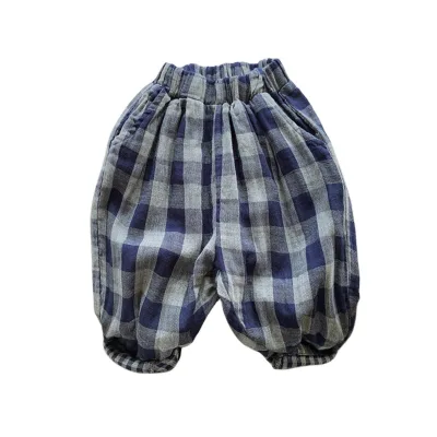 New Summer High-quality Children's Checkered Pants Casual Loose-fit Lightweight Breathable Versatile Cuffed Pants