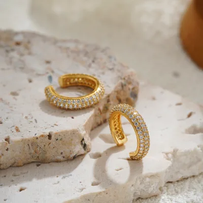 18K Gold Plated Luxury Cubic Zirconia Sparkling Round Huggie Ear Cuff Gold Earrings for Women