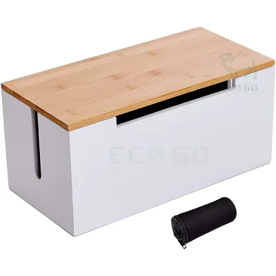 Cord Cable Management Organizer Storage Box Large White Wood and Bamboo