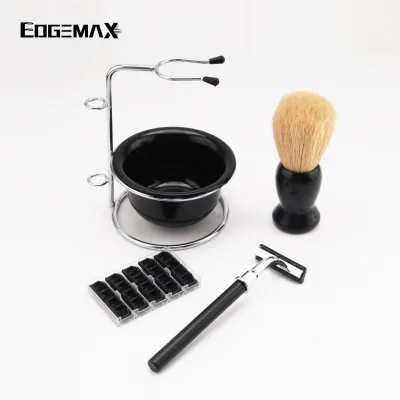 Low MOQ Men's Stainless Steel Manual Shaving Set with Razors Replaceable Cartridges Shaving Brush & Bowl-Trade Good