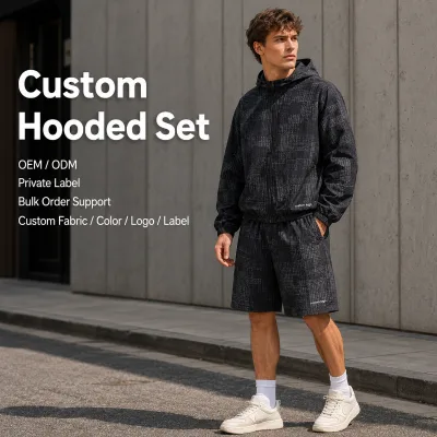 Two Piece Set Manufacturer Men Hooded Zip up Jacket Shorts Streetwear Grid Print Lightweight Outdoor Sportswear Short Set