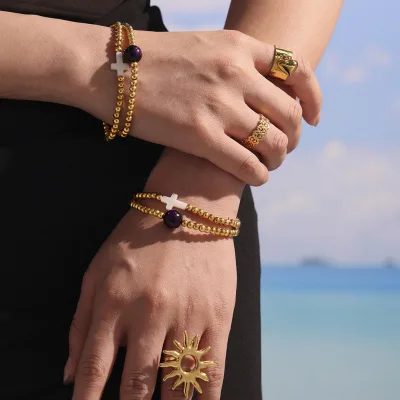 True Gold Plated Stainless Steel Beaded Bracelets with Natural Shell and Agate Waterproof Factory Wholesale Low MOQ