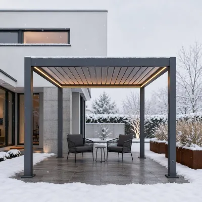 Modern Motorized Bioclimatic Pergola with LED Lighting Privacy Louver Panels for snowPatio Garden-Aluminum Customizable Size