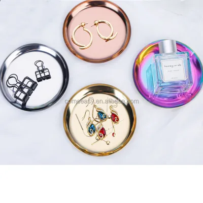 Jewelry TrayGolden Jewelry Dish Plate Stainless Steel 10cm Mini Gold Decorative Jewelry Round Metal Tray Silver Rainbow Small