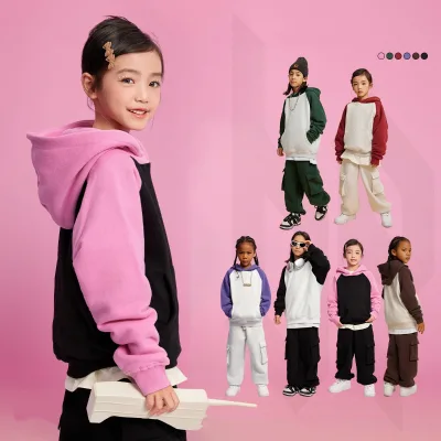Wholesale Mixed Children's Hooded Fleece Sweater and Thick Autumn and Winter Jacket Color-blocked Patchwork Sweater