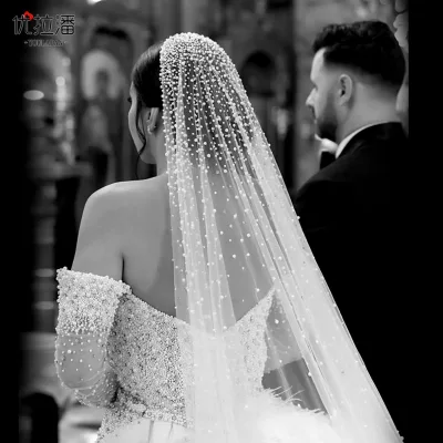 S5114F       High-quality Hot-selling New Luxury Heavy-duty Bridal Pearl Beaded Trailing Cathedral Wedding Veils Bridal