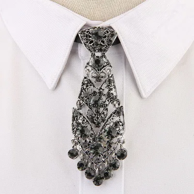 Vintage Black Rhinestone Necktie Luxury Crystal Inlaid Collar Tie Women Shirt Accessory for Wedding Party Formal Dress Ornament
