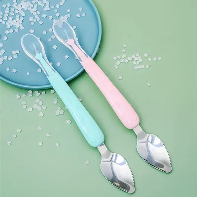New Arrival Double-Head Baby Spoon BPA-Free Silicone Stainless Steel Tool for Feeding Kids Fruit Puree & Mud Scraper