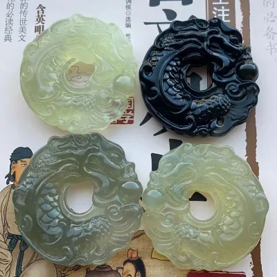 Natural Jade Carving Dragon and Fish Pendant, Yu Stone Double-sided Auspicious Charm Pendant, Jade Bracelet