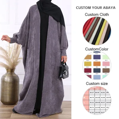 Aschulman Latest Design 2023 Long Coat Style Soft Corduroy Velvet Cape Kimono Winter Open Abayas Set