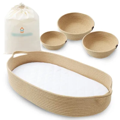 Baby Changing Basket - Handmade Woven Cotton Rope Baby Shower Basket with Water-proof Pad and Diaper Basket Set