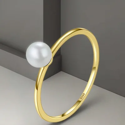 Wholesale Women's 9k Gold Plated Round Shape Spinner Rings Imitation Pearl Rings Single Big Silver Wedding Finger Ring for Men