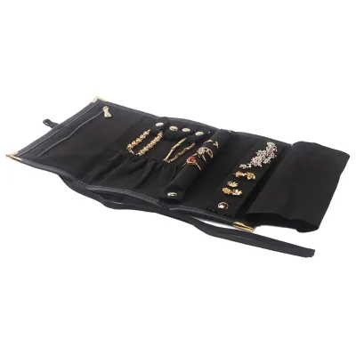 Wholesale Black Blue PU Leather Jewelry Roll Jewelry Organizer Pouch Jewelry Travel Roll for Ring Earrings Necklace