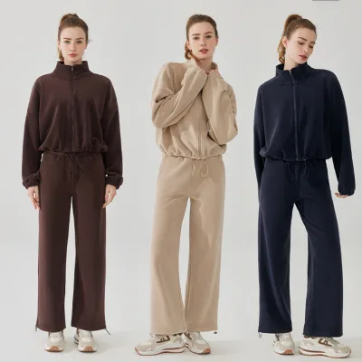Women 470g Double-sided Polar Fleece 2 Pcs Set Zip Stand Collar Jacket Straight Pants Winter Thermal Tracksuit Polyester Spandex