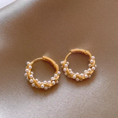 Pearl Twisted Huggie Hoop Earrings Copper Gold Plated Trendy Women's Jewelry