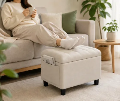 Tufted Storage Ottoman Stool Rectangular Upholstered Footrest with Side Pocket Wooden Legs