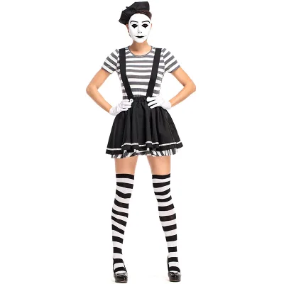 Halloween Party Funny Clown Female Actor Cosplay Strap Skirt Vertical Stripe Prisoner Game Costume