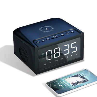 New Arrivals OEM Custom Logo Multifunctional Speaker for Phone for Bedroom Wireless Charger Digital Clock FM Radio TF Card