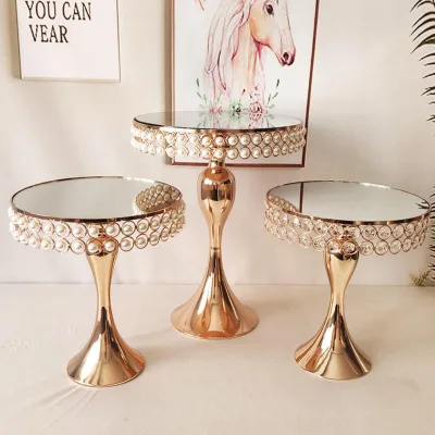 Luxury Round Gold Silver Mirror Stand Pearl Crystal Metal Pedestal Cake Display Cake Stand for Wedding Party Decoration