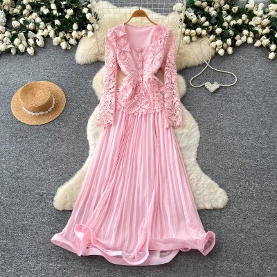 Women's Elegant Square Neck Long Sleeve Lace Appliques Cinched Waist Pleated Maxi Dress Spring Fall Evening Party Wedding Guest