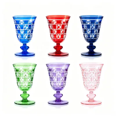 SNW Vintage Single Ring Baed Stem Hand Engraved Color Unique Stripes Pattern Crystal Short Foot Goblet Stemware for Red Wine